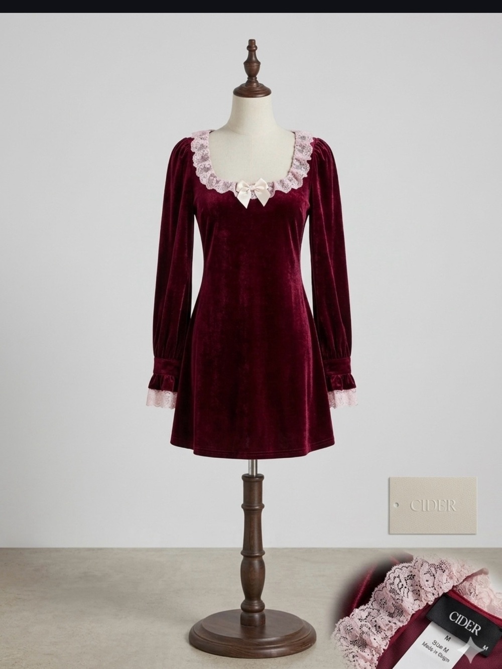 Cider Burgundy Velvet Long-Sleeve Lace-Trim Dress